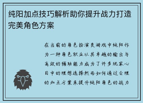 纯阳加点技巧解析助你提升战力打造完美角色方案